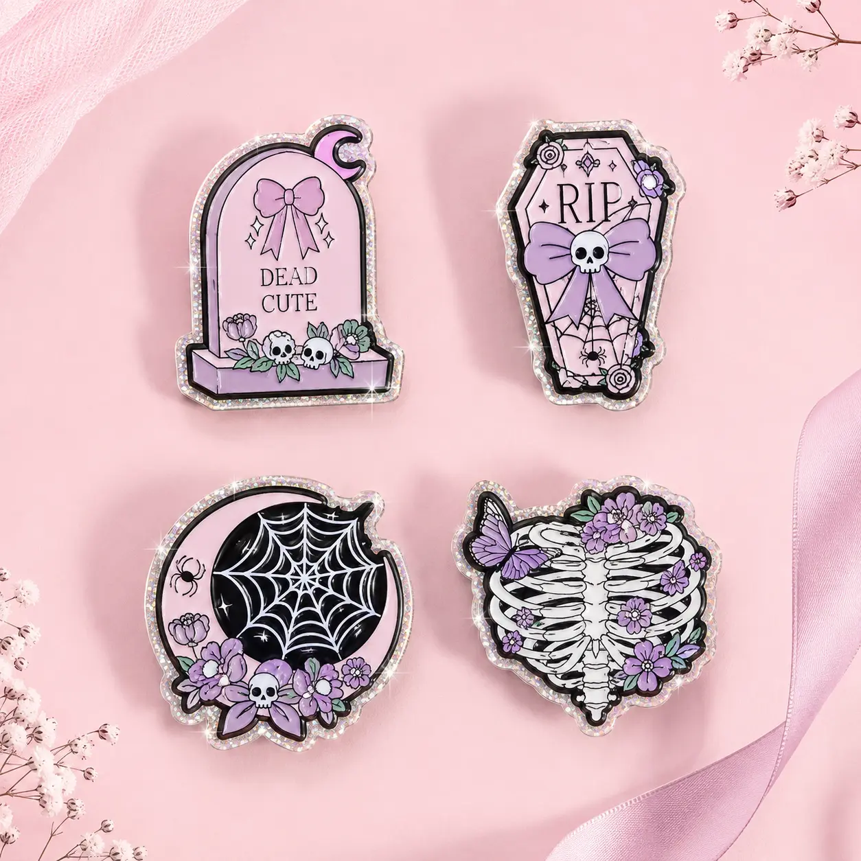 Pink Gothic Halloween Magnetic Phone Grip, Cute Skull Coffin Spiderweb Skeleton Floral Phone Holder Stand, Coquette Spooky Phone Accessory, 4 Styles