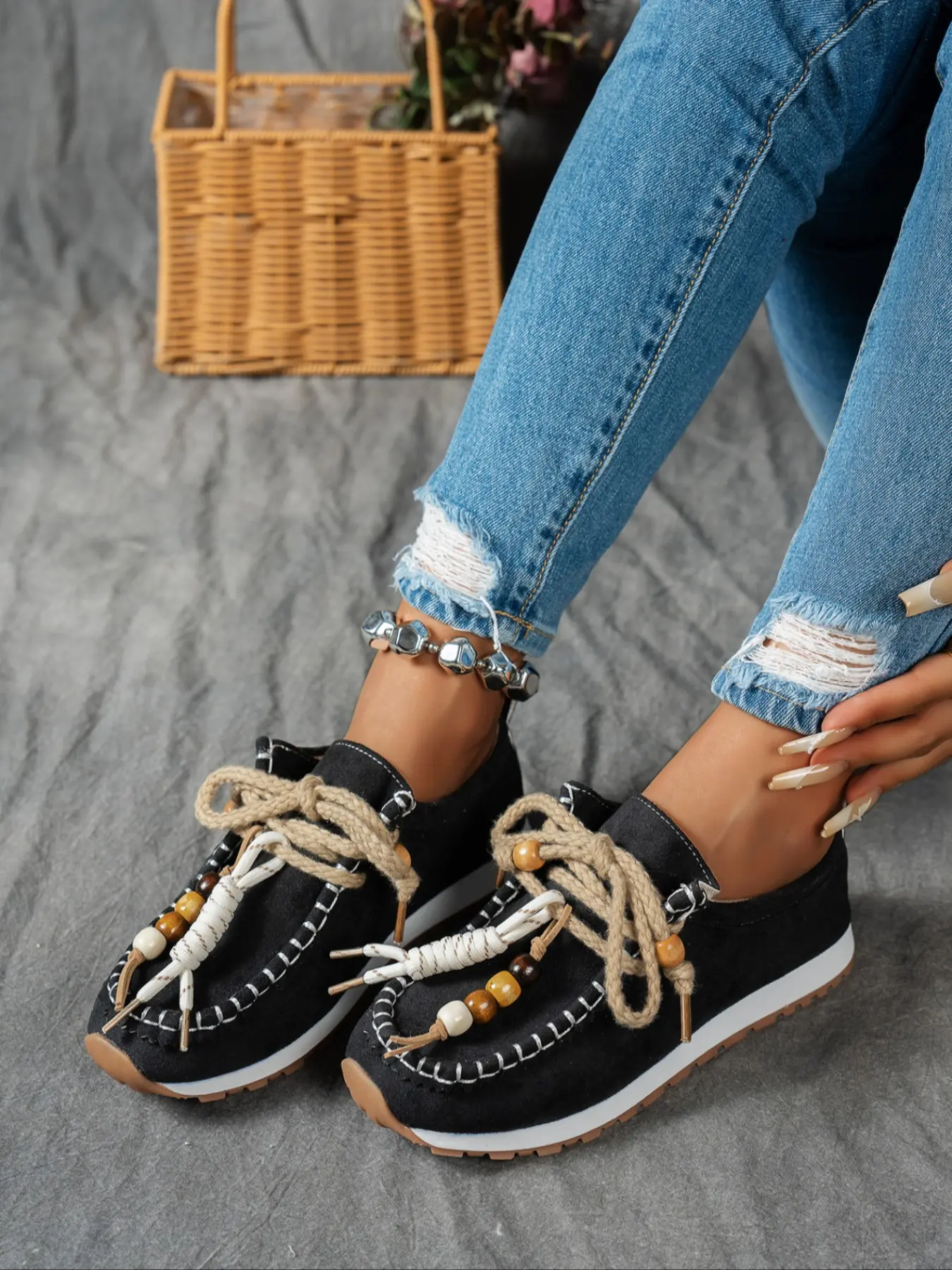 Women's Ethnic Hippie Style Loafers, Hemp Rope Laces, Colorful Beaded Decor, Casual Lightweight Flat Shoes, One-Click Slip-On Comfortable Work Shoes, Casual Trendy Flat Summer Shoes, Casual Flats