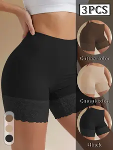 3 Pack 3 Colors Lace Trim Anti-Chafing Safety Shorts, High Elastic Tummy Control Butt Lifting Under Dress Shorts, No Rolling Edge, Must-Have For Daily Commute & Outfits