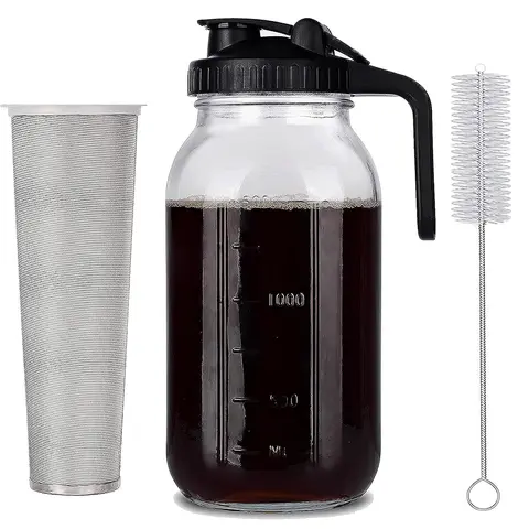 Glass Cold Brew Iced Coffee Maker, 64 oz, with Stainless Steel Filter and Cleaning Brush, Leakproof Heavy Duty Glass Tea Pitcher