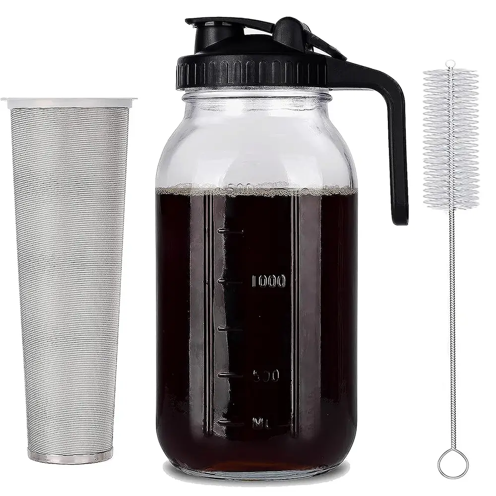 Glass Cold Brew Ice Coffee Maker (64 oz) (2 Quart / 1.9 Liter) with Stainless Steel filter and cleaning brush, leak proof and heavy duty glass. Tea Pi