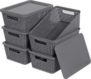 Plastic Storage Baskets With Lid, Storage Bins for Organizing, Stackable Decorative Containers for Shelves Drawers Desktop Closet Playroom Classroom Office, 6 Pack-Grey
