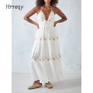 Women Summer Casual Long Dress Flower Embroidery Tie-Up Halter Neck Sleeveless Dress Fashion Backless A-line Dress（gift）