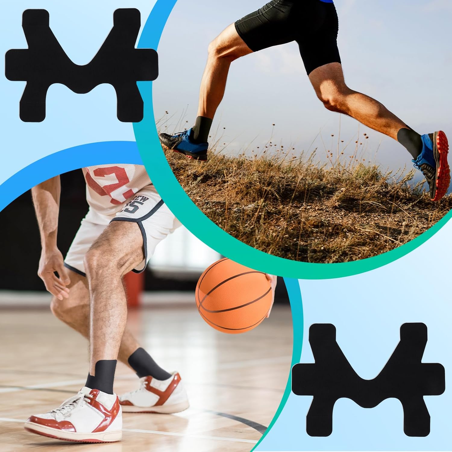 16 Pcs Precut Kinesiology Tape for Ankle Cotton Breathable Elastic Athletic Tape Pain Relief Minimize Ankle Sprain Provides Support and Stability for Ligament and Muscle Marathon Use(Black)