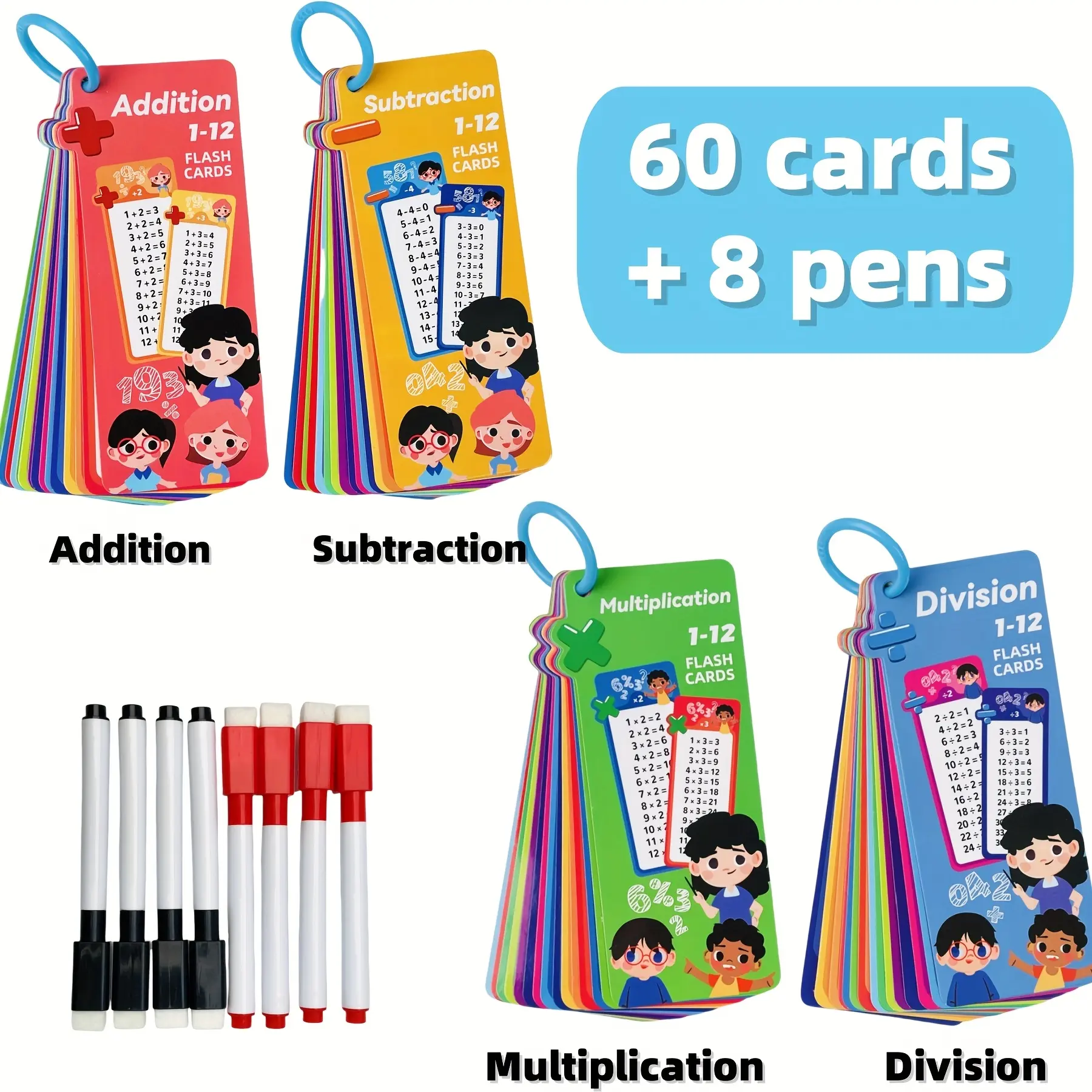 Reusable Multicolor Arithmetic Flash Cards - 0-12 Addition, Subtraction, Multiplication, Division, Unisex Classroom Mathematics Tools for 4-6 Years Old Kindergarten Kids, Alphabet & Number Toys for Math Skills Enlightenment