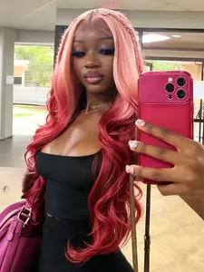Ombre Pink Red Wavy Wigs 13x4 Lace Front Wigs Pre-Plucked Hairline Synthetic Wig Pink Concert Look Body Wave Wig Coachella Festival Look Lace Front Wigs for Women Party Cosplay Stage 28 Inch