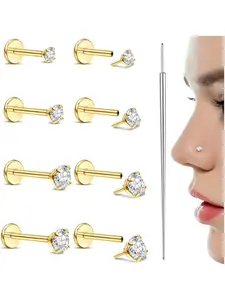 Versatile 8 Pcs Golden Piercing Shining Jewelry Set Implant Grade Titanium Stainless Steel Earrings for Women Men Threadless Flat Back Stud Earrings Tragus Piercing Jewelry Hypoallergenic Push in Helix Cartilage Medusa Piercing Jewelry Set