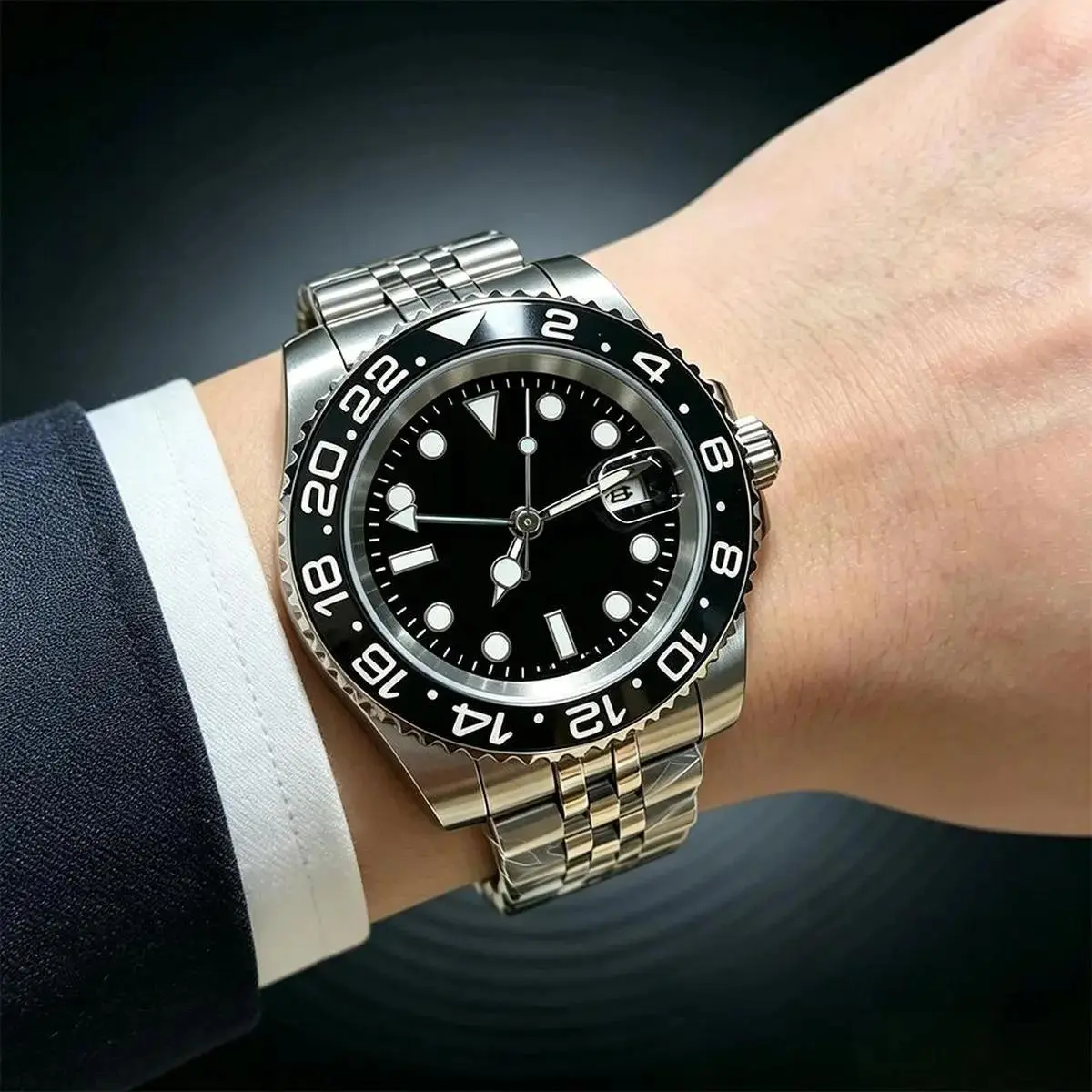 Sharp Sing True Snow Mens GMT Luxury Automatic Watch Black Ceramic Bezel Jubilee Stainless Steel Bracelet Luminous Dive Wristwatch Business Daily Wear watch for men gift