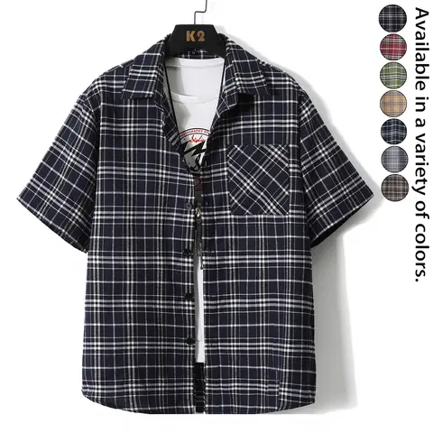 Plaid Short Sleeve Shirt Mens Casual Streetwear Button Down Top Loose Fit Summer Vacation Pool Party Beach Holiday Shirt Lightweight Checkered Camp Collar Blouse Fashion Daily Wear Retro Y2K Outfit Unisex Couple Matching Shirt for Outdoor Travel Party