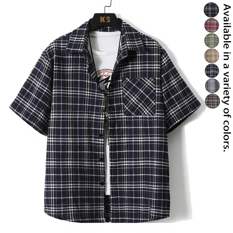 Plaid Short Sleeve Shirt Mens Casual Streetwear Button Down Top Loose Fit Summer Vacation Pool Party Beach Holiday Shirt Lightweight Checkered Camp Collar Blouse Fashion Daily Wear Retro Y2K Outfit Unisex Couple Matching Shirt for Outdoor Travel Party