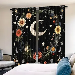 Star Moon Floral 2 Piece Curtain Set, Mystical Forest Style, Perfect for Bedroom Decoration, Home Decoration Curtain, Window Drapes, Party Setting, Home Decorative Curtain