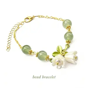Lily of the Valley Charm Bracelet - Elegant Green Beads & Golden Chain Fashion Modern Accessories Versatile Spring Flower Lover's Bead Bracelet Adjustable Beaded Design Summer Dainty Jewelry bracelets Beauty