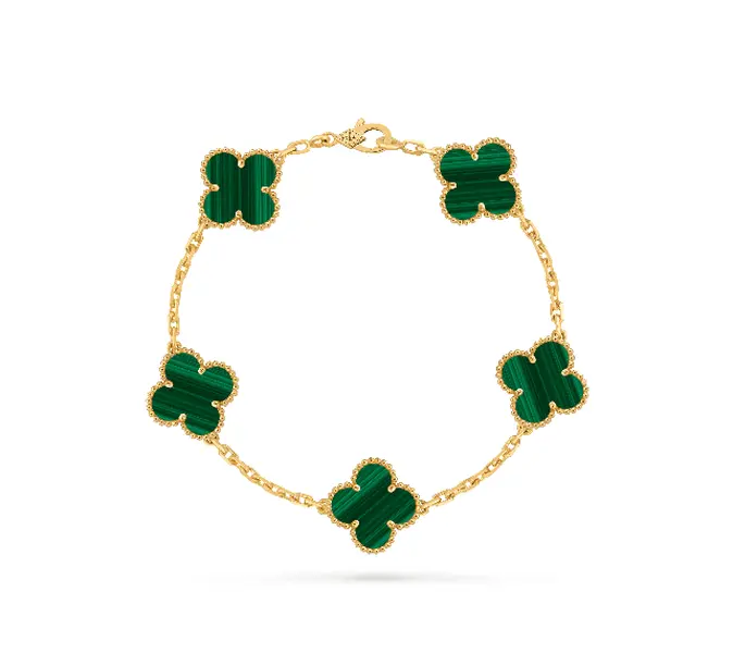 Pre-owned Van Cleef & Arpels Vintage Alhambra Bracelet 5 Motifs, 18K Yellow Gold, Malachite，non full set