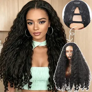 New Afro Curly V Part Wig Black Synthetic Braided Hair Texture with Unique Bouncy Curls in the End 26 Inch Soft Curly Full Hair V Part Wigs Synthetic for Women No Leave out Clip in Half Wig 180% Density 240g
