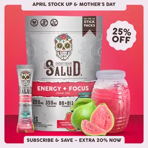 Salud 2-in-1 [Energy + Focus – Guava] Clean Energy Drink Mix, Agua Fresca, Organic Caffeine, B6 & B12, L-Theanine, Drink Packets, Non-GMO, Gluten Free, Vegan, Low Calorie, 1g Sugar (15 Servings)