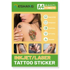 A4 Temporary Tattoo Paper for Inkjet Laser Printer, 5 Sheets 8.3x11.7 Inch, Ideal for Image Transfers Onto Skin, Vibrant Designs, Vivid Color, No Fading