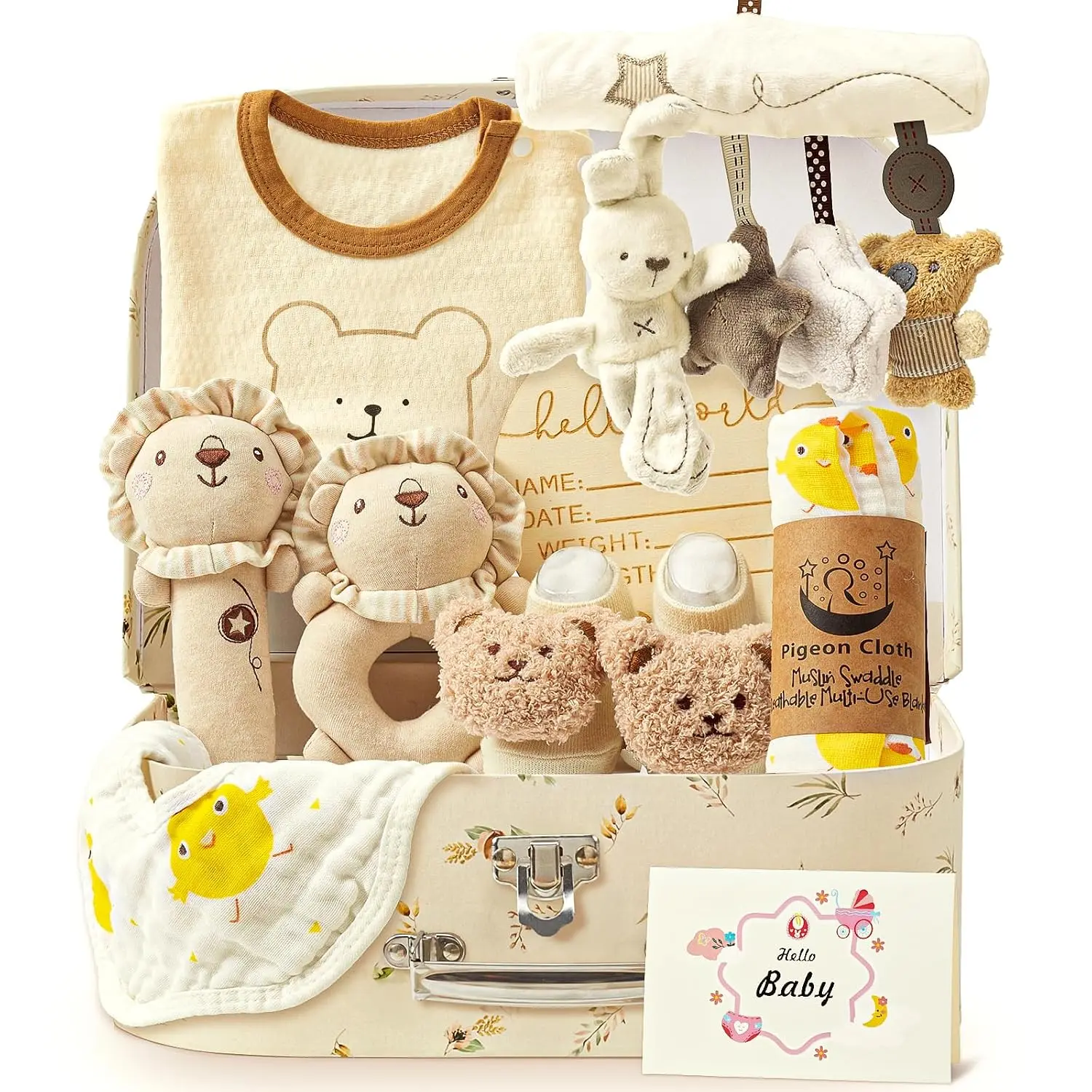 9pcs Newborn Baby Gift Baskets for Boys Girls Baby Shower, 2 Rattle/Seat Hang Toy/Blanket/Bodysuit/Bib/ 3D Socks/Wood Milestone/Carry Box, Neutral New Born Essential Stuff Unisex Baby Gifts Boy