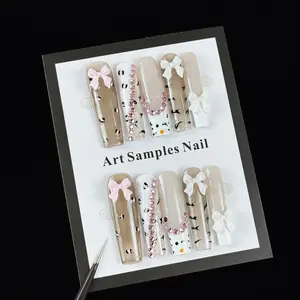 10pcs high-end Sweet and cool style, hand-painted leopard and zebra patterns, three-dimensional bows, fine glittering diamond accents handmade fake nails, Suitable for spring and summer outings, beach vacations, surfing and swimming, watching the sunset.