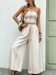 Two piece women's bohemian style strapless suit, fashionable striped wide leg pants, pleated strapless style, slimming vacation set, suitable for summer, vacation, indoor, outdoor wear Sleeveless Boho Casual Summer Set