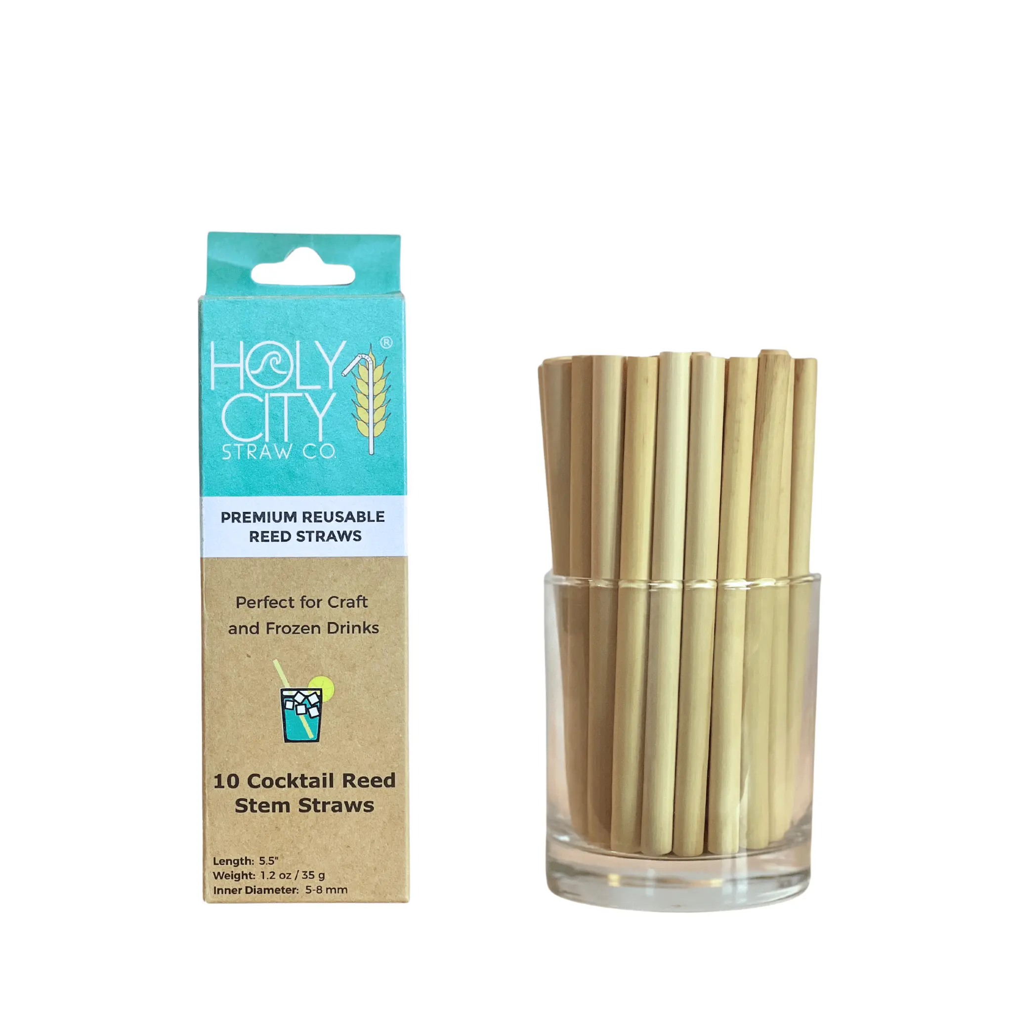Holy City Straw Co. Reed Stem Straws | 5.5" | 10ct. | 7-9mm diameter | 100% Plant-based | Great for Smoothies, Milkshakes, Frozen & Cocktails