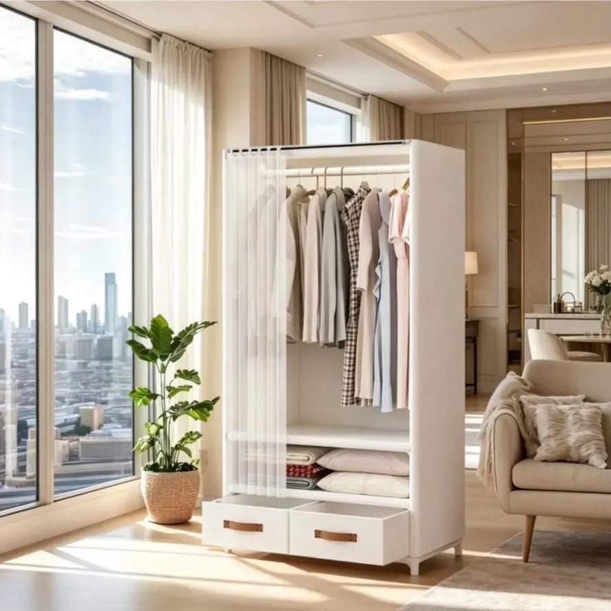 White 57-in Freestanding Portable Wardrobe - Indoor Furniture with 4 Drawers, 3 Hanging Rods, 6 Storage Shelves for Bedroom Garment Organization dresser closet organizer