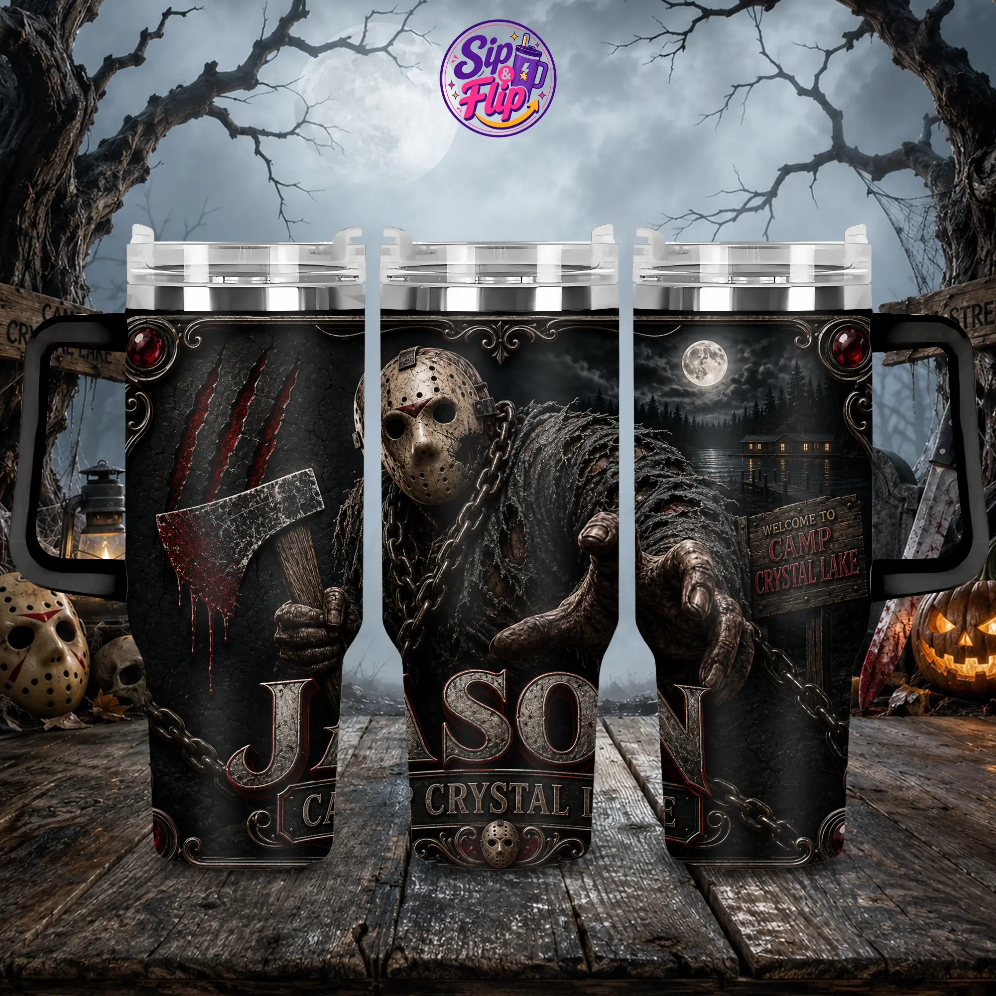 Friday the 13th Jason Voorhees 40oz Tumbler with Handle and Straw, Classic Slasher Horror Movie Cup, Halloween Hockey Mask Killer Insulated Stainless Steel Travel Mug, Scary Jason Fan Gift, Creepy Spooky Gothic Drinkware