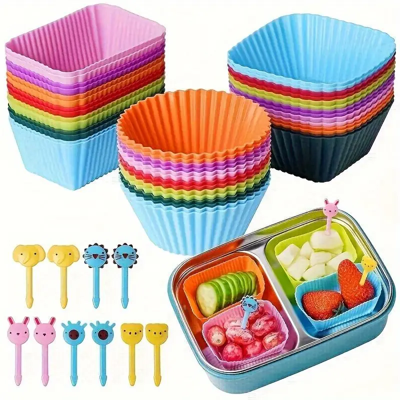 Silicone Muffin Cups & Fruit Forks without Lunch Box, Food Grade Silicone, 40pcs/set Lunch Box Dividers, Durable, Reusable Baking Tools, Meal Prep Molds, for Home Party Camping Picnic, Random Color
