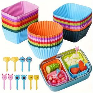 silicone muffin cups & fruit forks without lunch box, 40pcs/set lunch box dividers, durable, reusable baking tools, suitable for home party camping picnic, 2024 kitchen gadgets, fall decor, versatile use