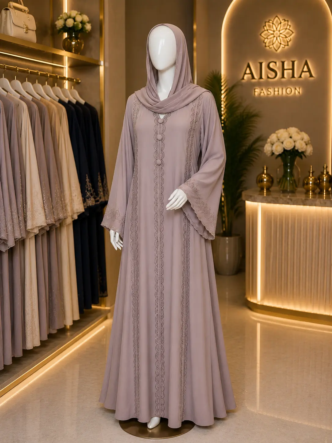 Elegant warm taupe Abaya with matching Hijab