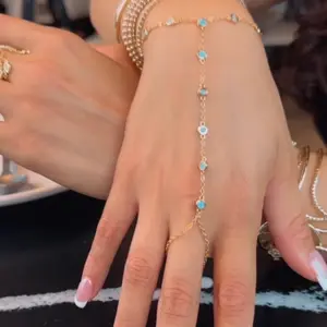 Gold plated Turquoise Handlet Bracelet for Adults - Simple Design with Turquoise Stones on Gold-Tone Chain