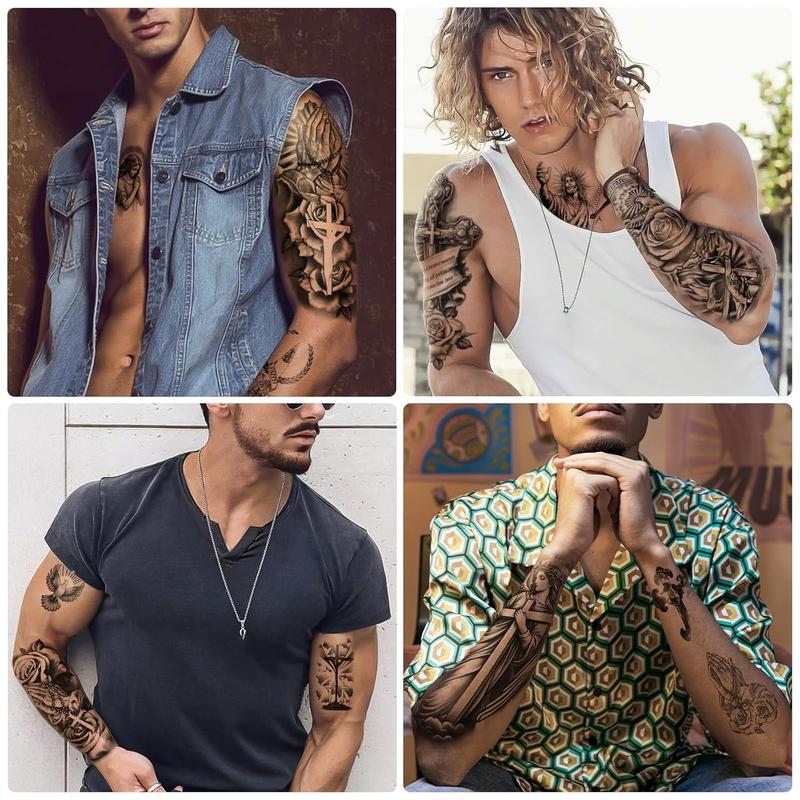 Christian Temporary Tattoo 77 Sheets Realistic Jesus Cross God Christ Catholic Half Sleeve Body Fake Tattoos Stickers for Adults Men Women Kids