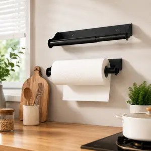 Wall-Mounted Paper Towel & Cling Film Holder – Easy Install, Keeps Countertops Clean & Dry, Space-Saving Kitchen Towel Bar, Durable Black Metal Organizer for Home & Bathroom