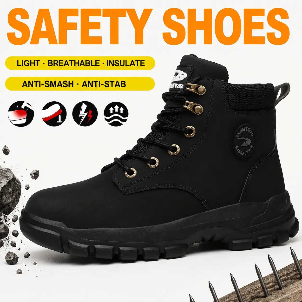 Men’s Safety Work Boots, Anti-Smash & Puncture-Resistant Lightweight Breathable Non-Slip Work Shoes, Black