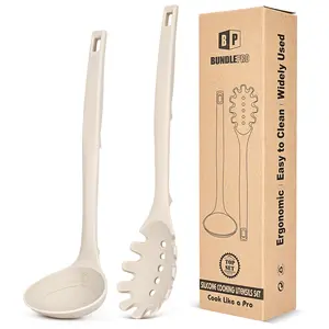 Silicone Pasta Fork and Soup Ladle Set, Heat Resistant Non Stick Kitchen Utensils with Back Hooks, Suitable for Cooking, Stirring, Serving Spaghetti, Soup, Sauce