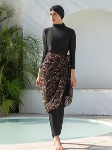 Women's Leopard Print Long Sleeve Swimwear Set, Conservative Middle Eastern Style Bikini Suit, Summer Beach Vacation Wear