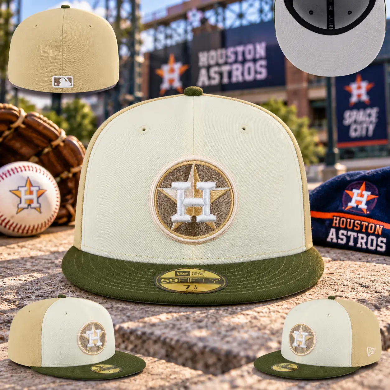 Houston Astros 59FIFTY Fitted Hat Cream Olive Green H Star Embroidered MLB Baseball Cap Flat Brim Streetwear 2026