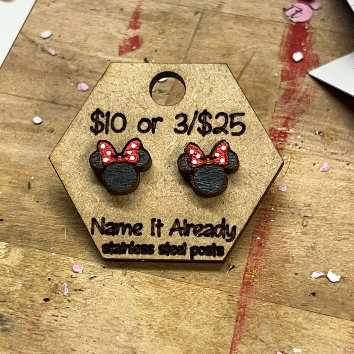 Hand Painted Minnie Mouse Wood Stud