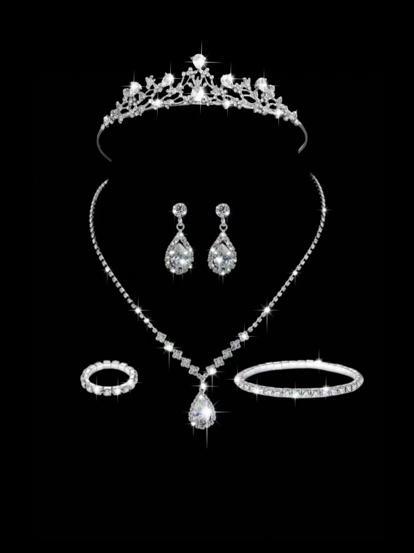 6 sparkling rhinestone bridal jewelry sets (1 crown, 2 earrings, 1 necklace, 1 bracelet, 1 ring) Elegant jewelry set Matching Jewelry Set