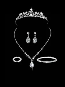 6 sparkling rhinestone bridal jewelry sets (1 crown, 2 earrings, 1 necklace, 1 bracelet, 1 ring)