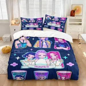 Cute K-pop Idol Chibi Duvet Cover Set, 1 Duvet Cover + 1/2 Pillowcases, No Core, Kawaii Grid Background Print with Anime Girls & Snacks, Soft Cozy Breathable Bedding for Teens Bedroom and Dorm Use