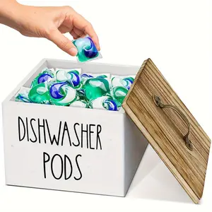 Laundry Pods Storage Container - 1pc Rustic Square Dishwasher Rack - Washing Powder Box with Lid - Multipurpose Kitchen Storage Container for Kitchen Decor and Accessories - Bathroom & Home Organizer - Durable Storage Organizer - White/Black