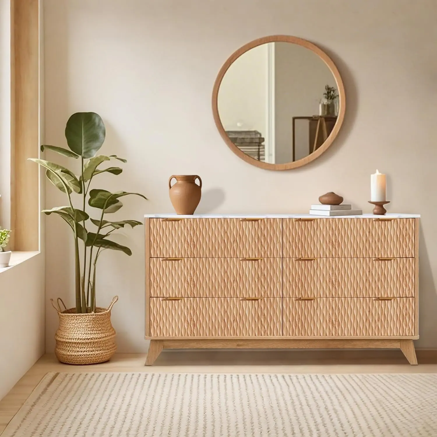 Brown Diamond-Fluted Drawer Dresser with Marble Top - 54in Wavy Textured Wood Dresser 6 Drawers Dresser for Bedroom Modern Storage Organizer for Homeowners and Interior Designers-White