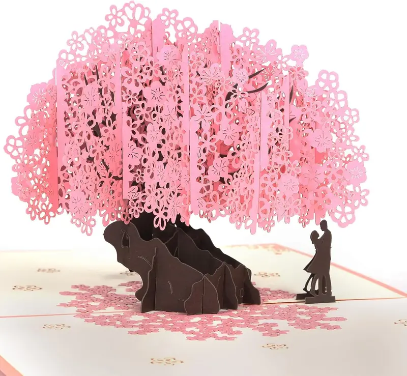 【Valentine’s Day Gift】3D Lovers Under Cherry Blossom Tree Pop-Up Card, Handmade Paper-Cut Greeting Card for Parties, Gifts & Romantic Weddings, Creative 3D Love Valentine’s Card, Holiday Gift
