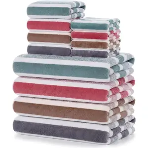 12 Pcs Stripe Bath Sets Microfiber Sheet Set Included 4 Absorbent Soft Quick Dry Shower Bath Towels 4 Hand Towels 4 Washcloths for, Hotel, Gym and Spa