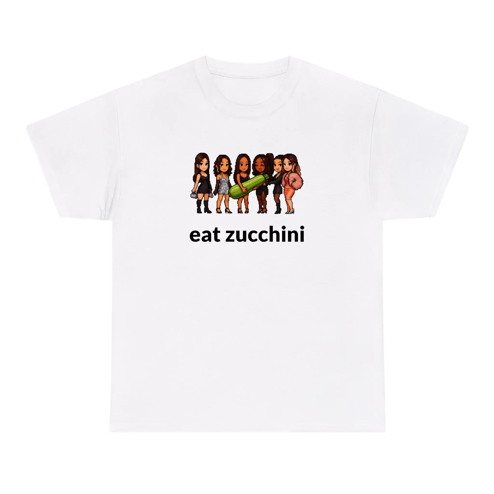 Pixel Girl Group Eat Zucchini Tee - White Graphic T-Shirt for Women with Fun Design and Comfortable Fit