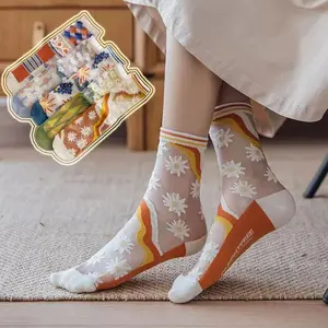5 Pairs Floral Sheer Mesh Socks, 5 Pairs, Women's Fashion Crew Length, Multi-Color Daisy Pattern