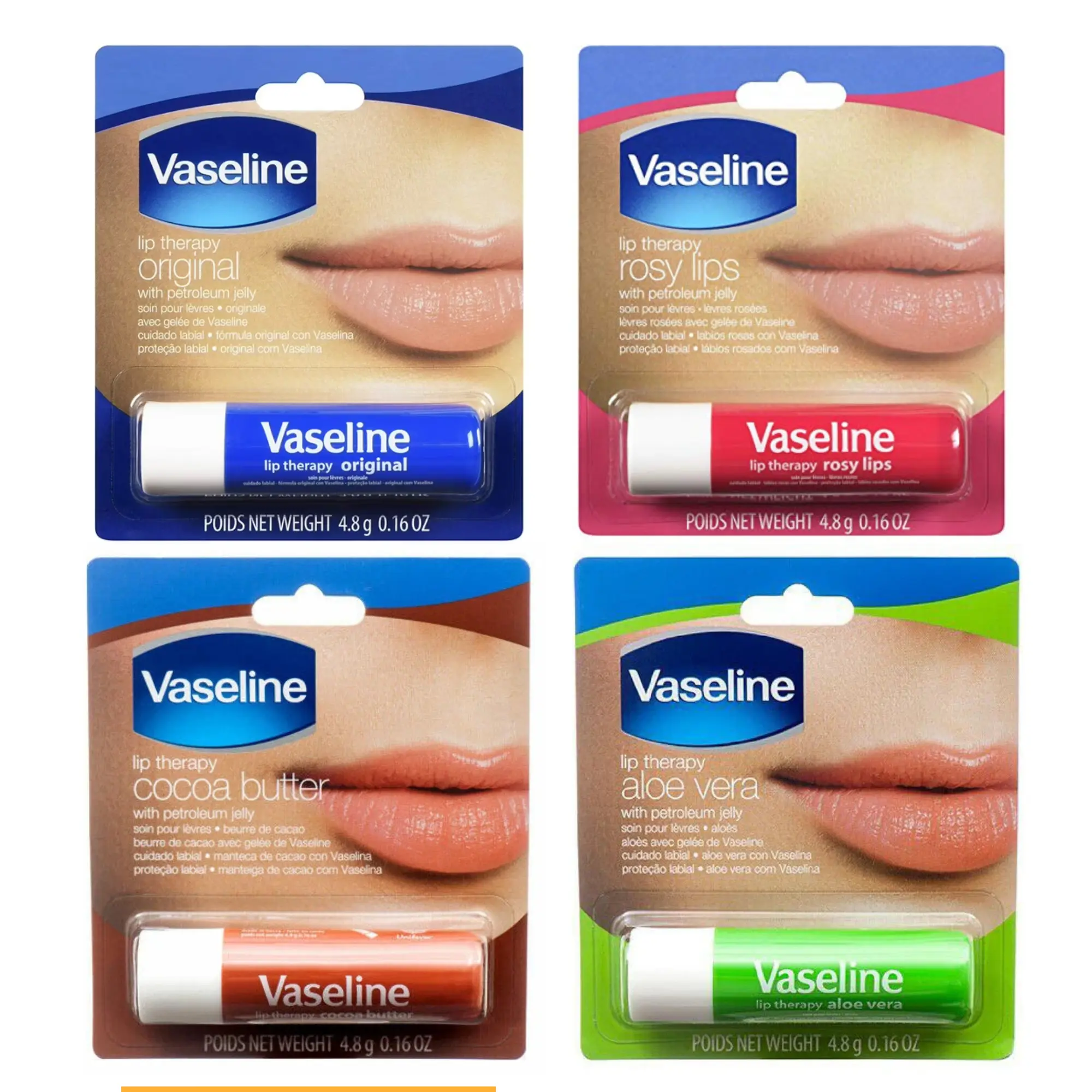 Vaseline Lip Therapy 4-Flavors Lip Balm Set Original Fresh Cocoa Butter Rosy Lip Aloe Fresh With Petroleum Jelly Travel Size 0.16oz/4.8g Each