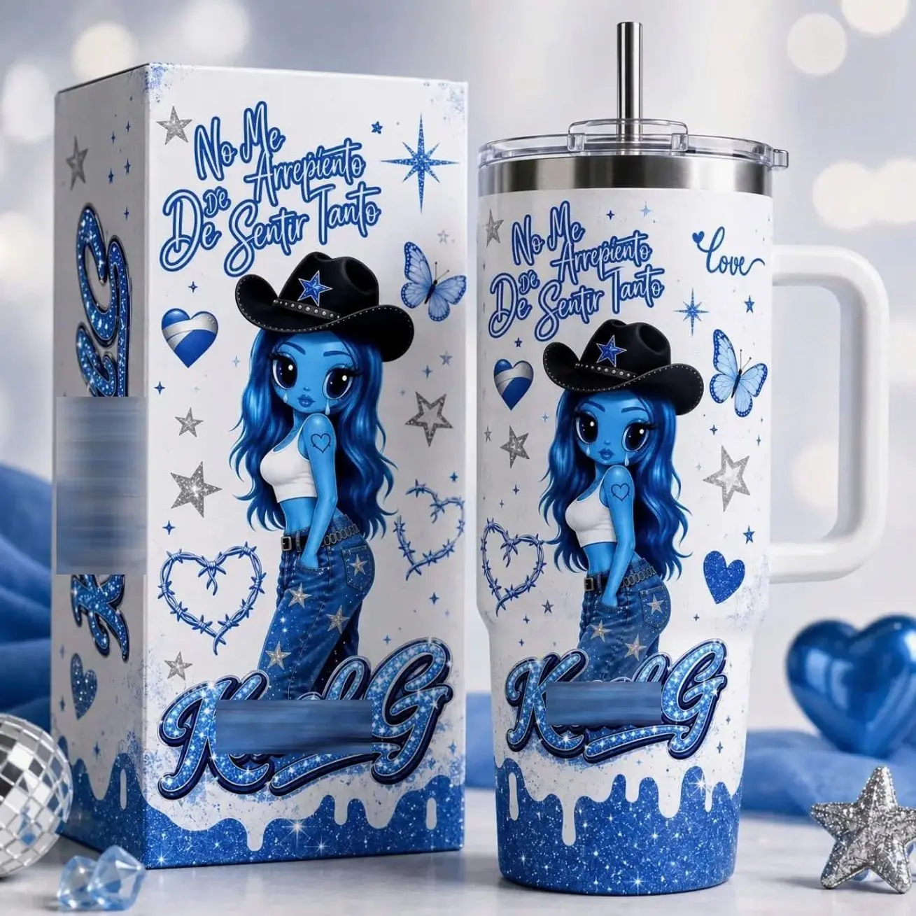 New Album No Me Arrepiento De Sentir Tanto #4 Manana Sera Bonito Inspired 40oz Tumbler with Handle, Blue Girl Neon Star Full Wrap Travel Cup, Stainless Steel Insulated Mug, Latin Music Fan Gift