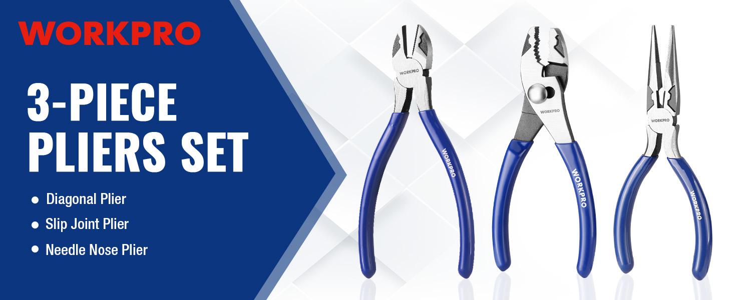 #backtoschool WORKPRO Pliers Set, Professional Hand Tool Pliers – 6" Needle Nose, 6" Slip Joint, 8" Groove Joint & 6" Diagonal Cutting Plier, for Home & Electrical Work