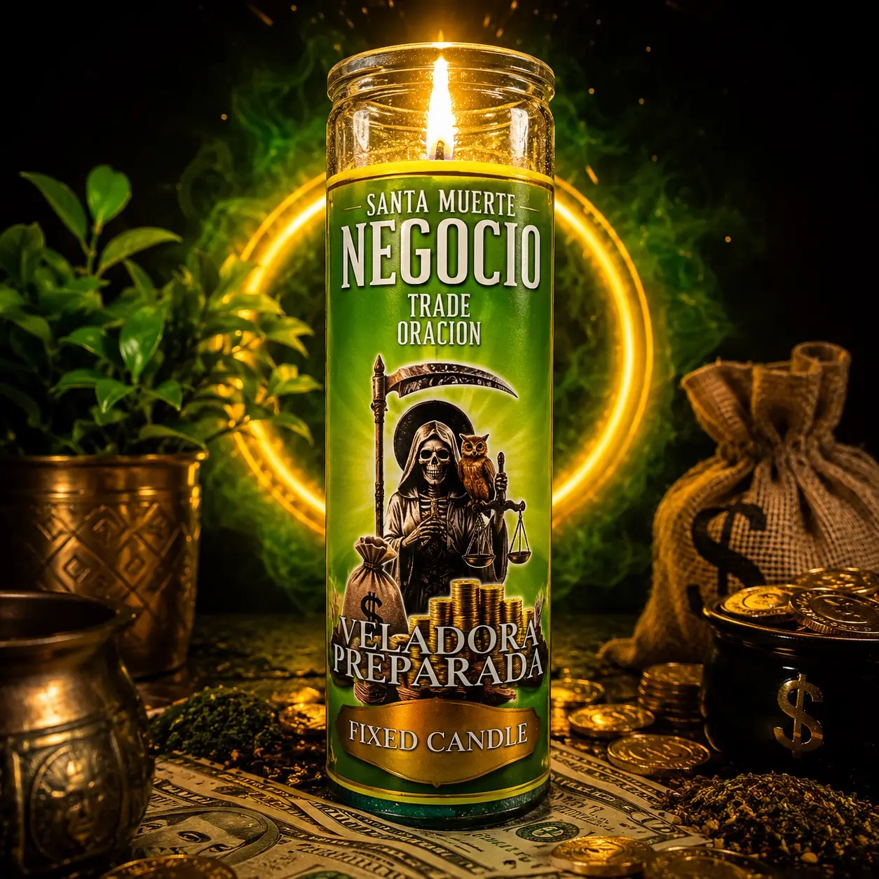 Santa Muerte Business Prayer Candle - Single Cylinder Decorative Glass Candle, 7 Days Burn Time for Everyday Home Decor & Supplies Use, Elegant And Traditional Design